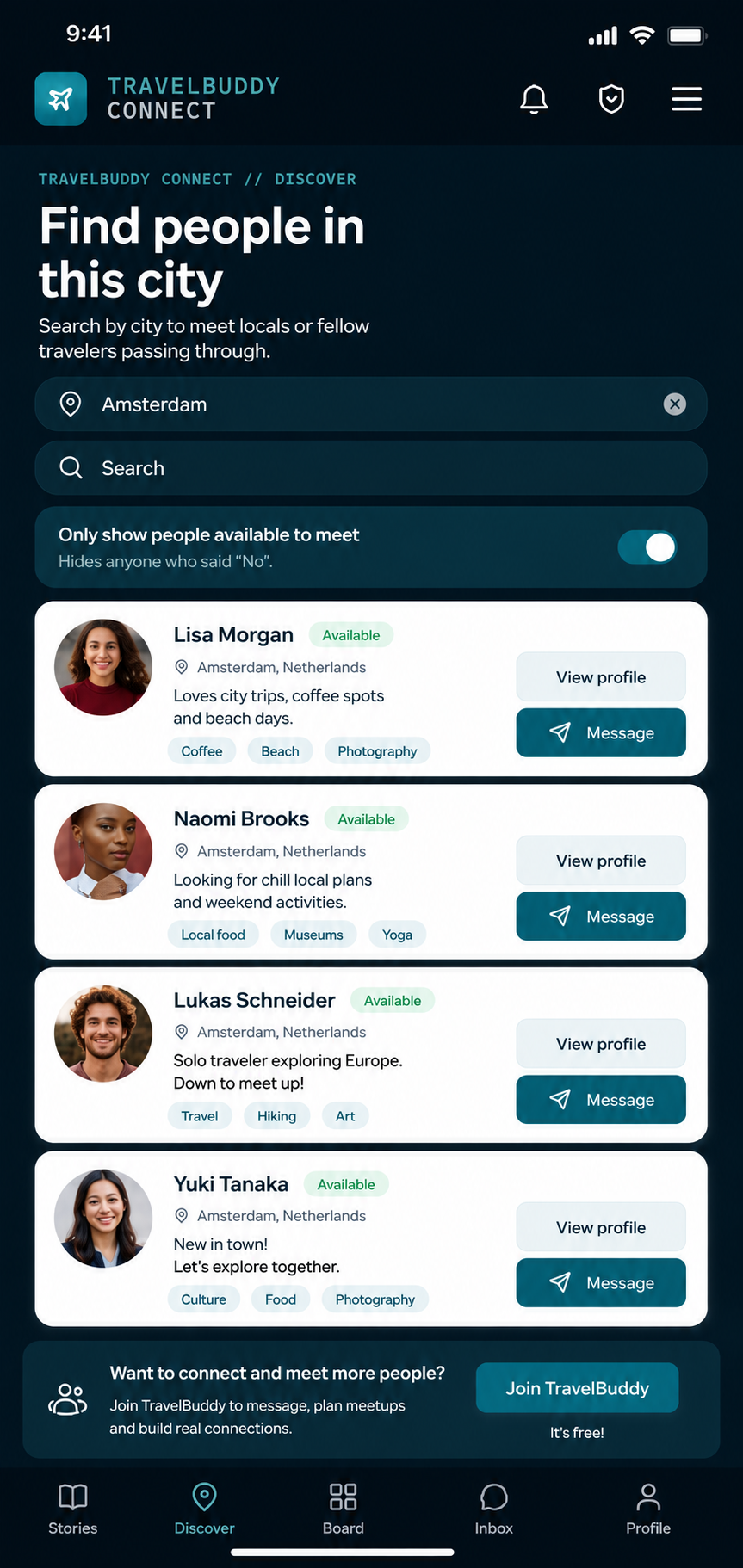 TravelBuddy Discover page
