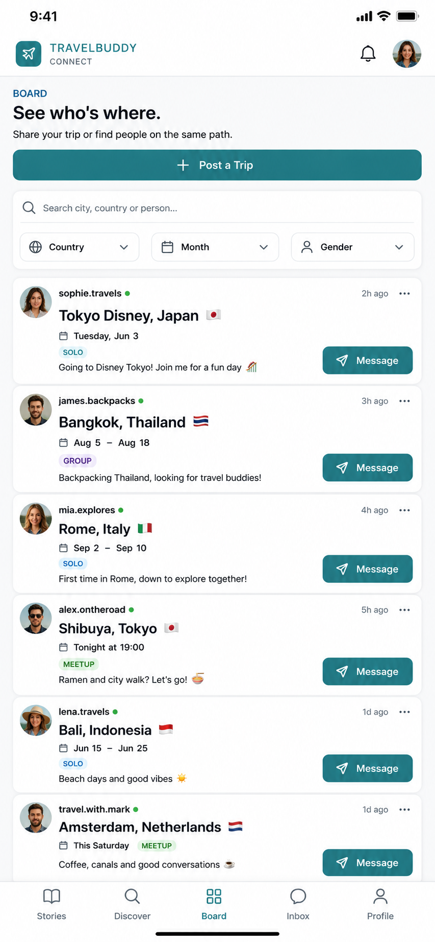 TravelBuddy Board page